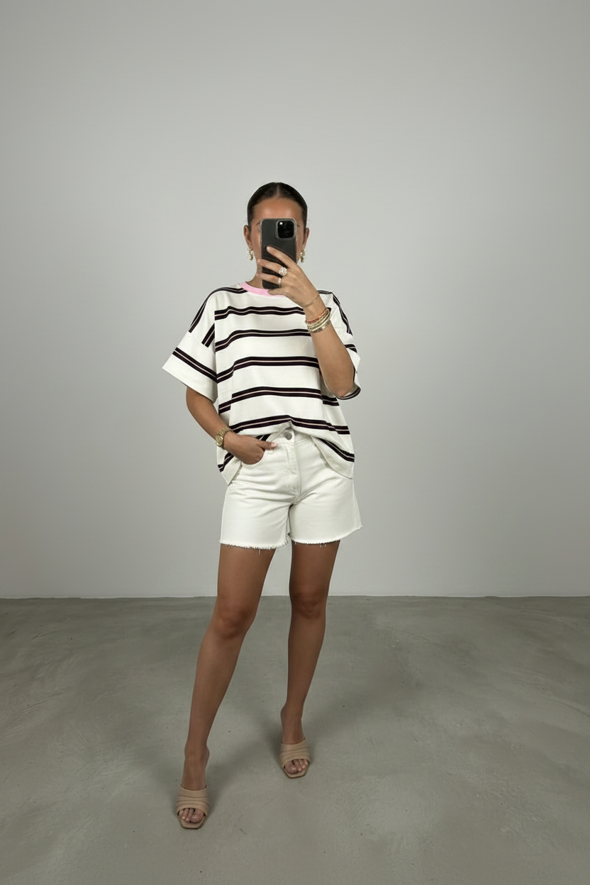 Le T-Shirt Oversize « Rayure Signature » – Crème & Rose