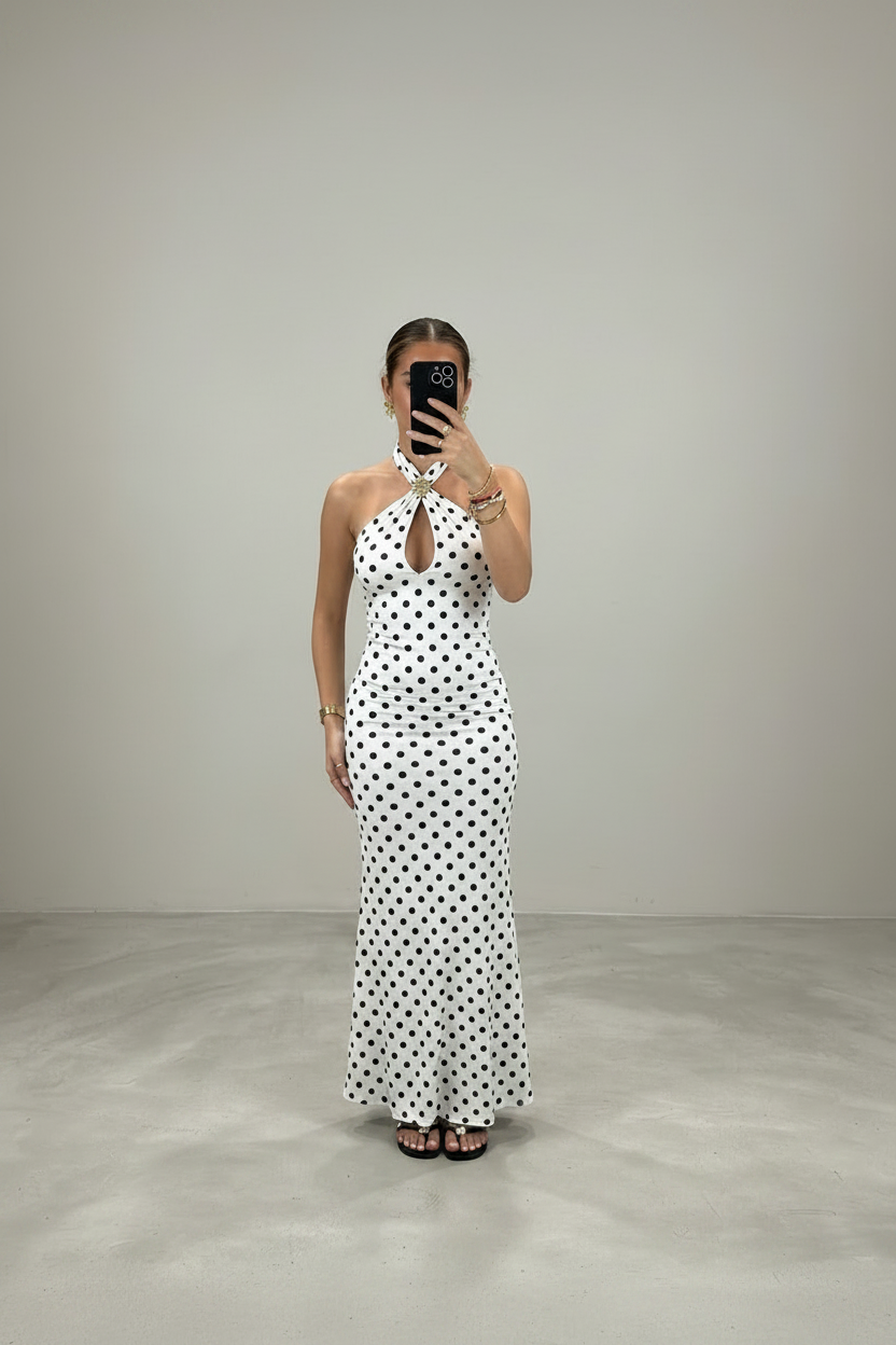 La Robe Longue Dos Nu « Riviera » – Imprimé Pois