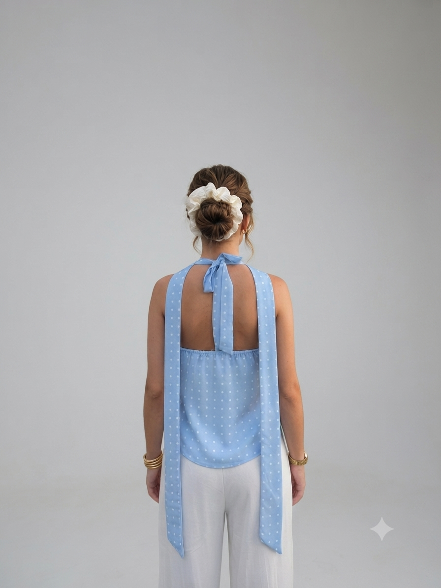 Top Halter « Pois d’Azur » – Bleu Clair & Bijou Coquillage